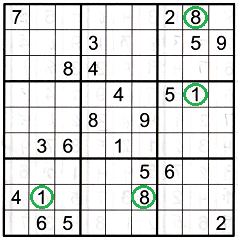 Sudoku grid showing numbers usable when the opposite pattern is found